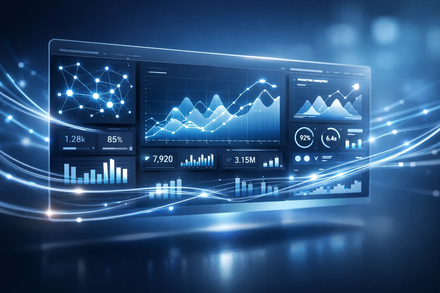 Real-time AI analytics dashboard showing business metrics and predictive insights