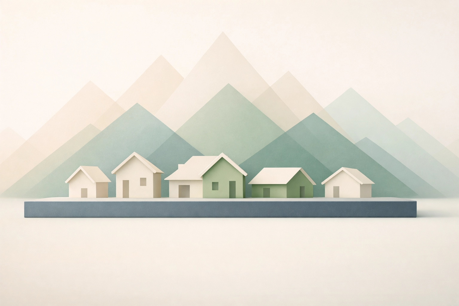 Stylized houses on a level plateau illustrating Spokane real estate market stabilization and peak value.