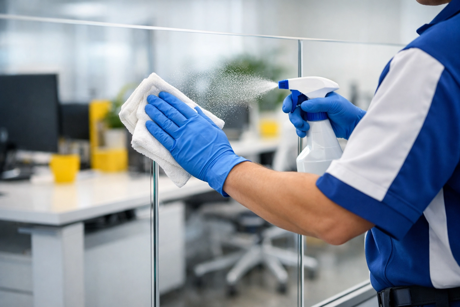 A professional cleaning technician sanitizing glass surfaces during a thorough office cleaning in Bedford.