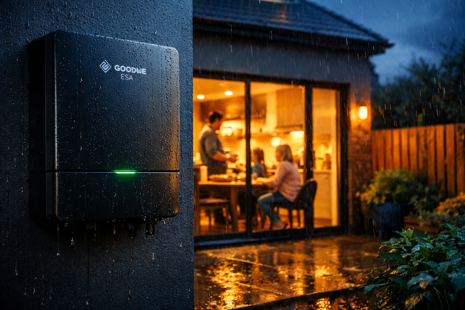 GoodWe ESA battery providing reliable backup power to a UK home during a rainy evening for bill savings.