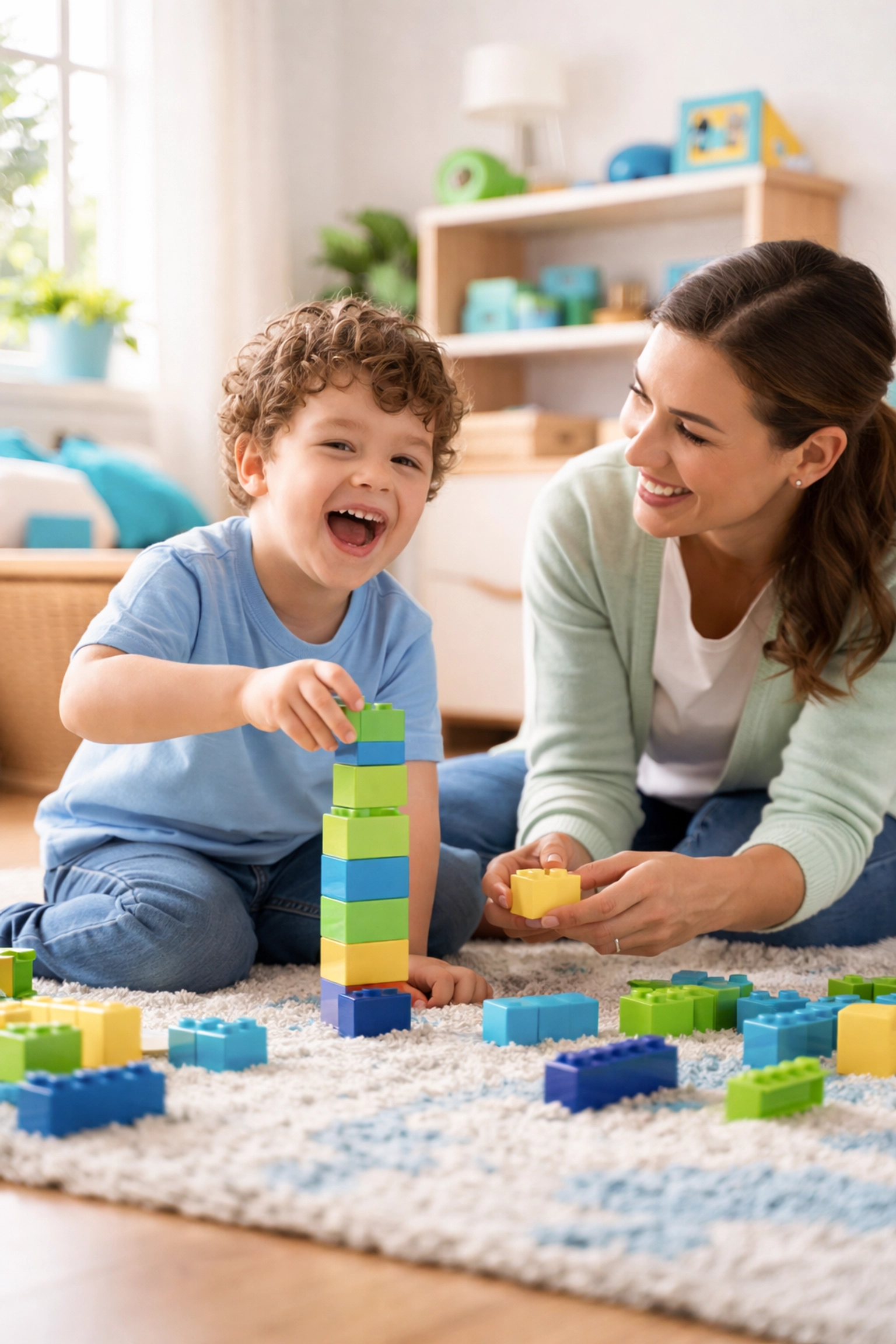 Young child with autism playing happily with blocks and an adult in a sunlit, nurturing playroom