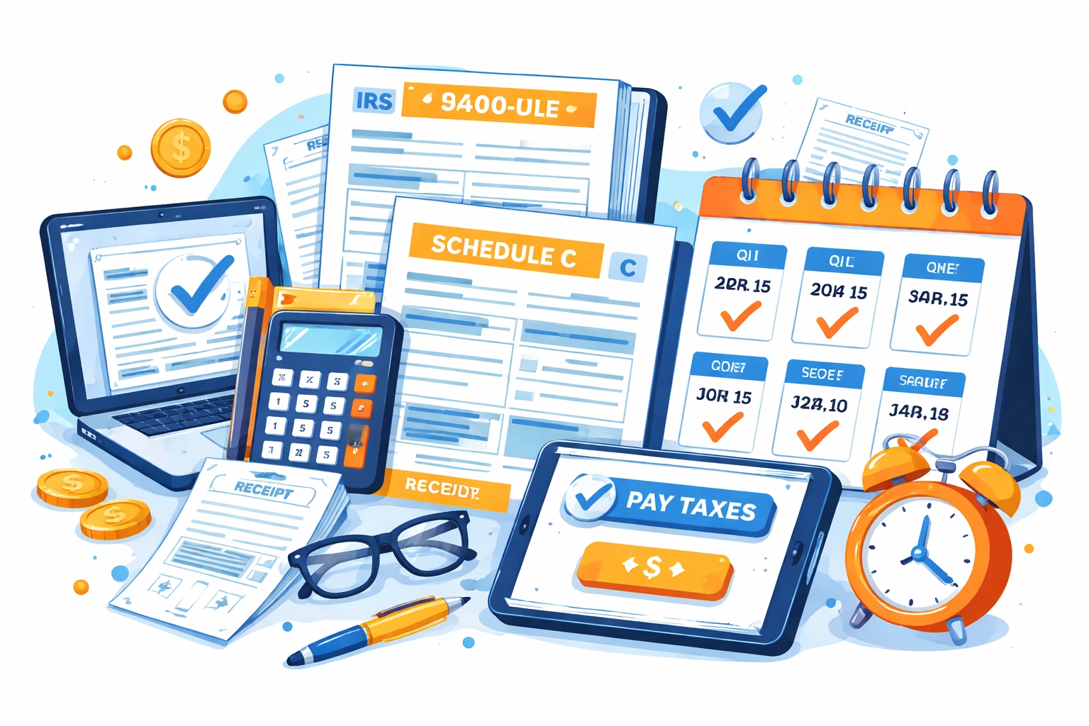 Stack of tax documents and digital devices with IRS forms and deadline calendar, emphasizing quarterly tax payments for freelancers