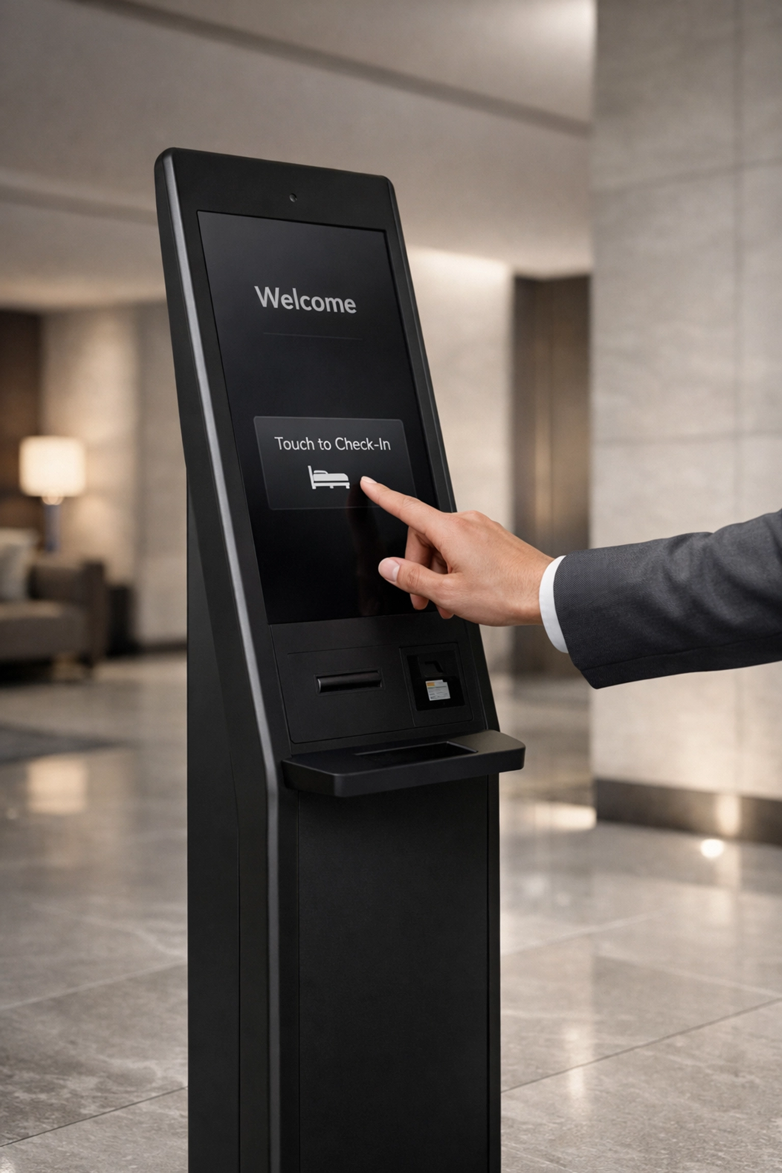 Sleek self check in kiosk hotel interface in a modern lobby, highlighting automated hotel management software.