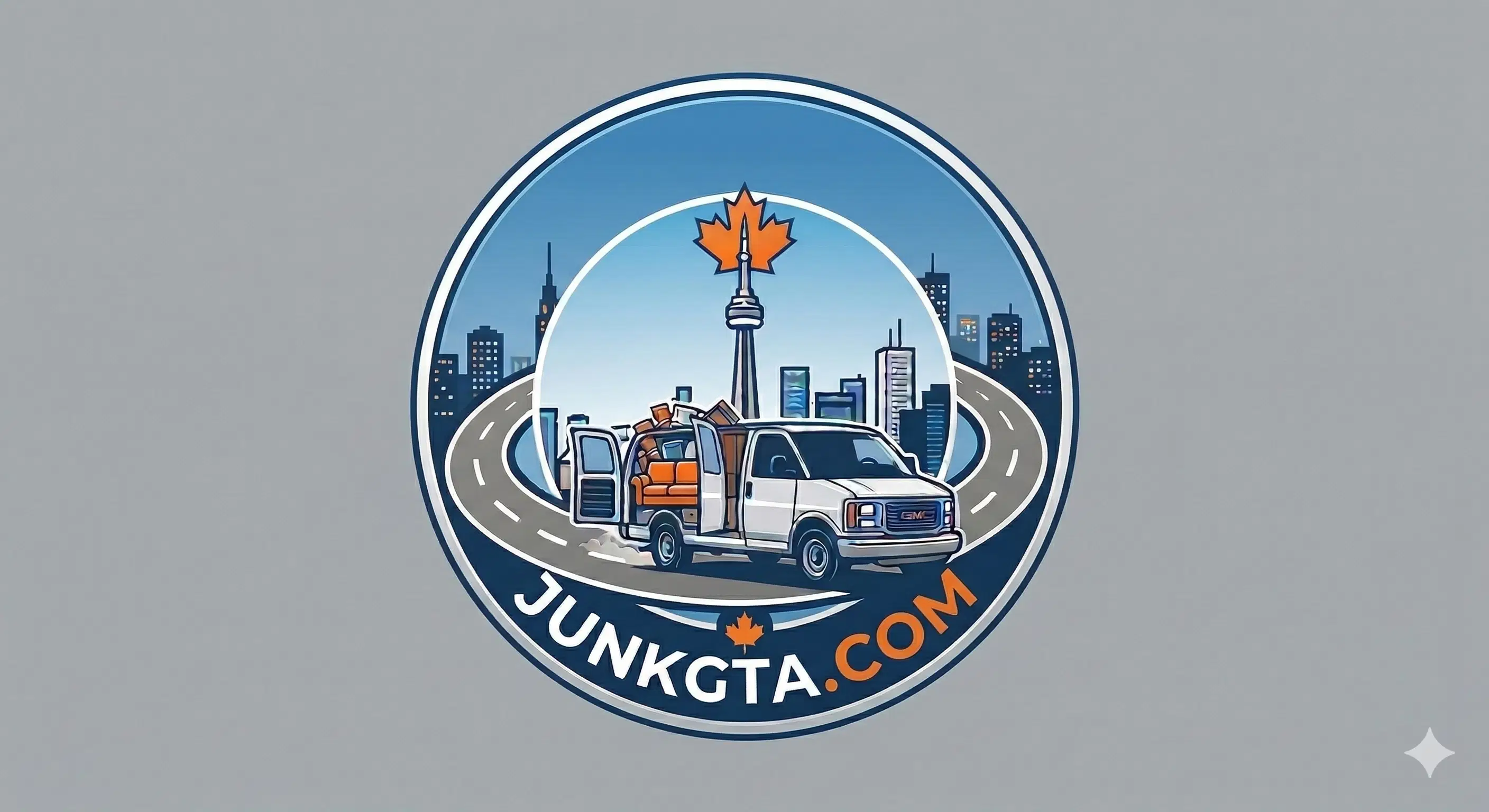Junk Removal vs. Dumpster Rental: Which Is Better For Your Next Renovation? A branded cargo van filled with junk items, including a couch and boxes, parked against a stylized Toronto skyline.