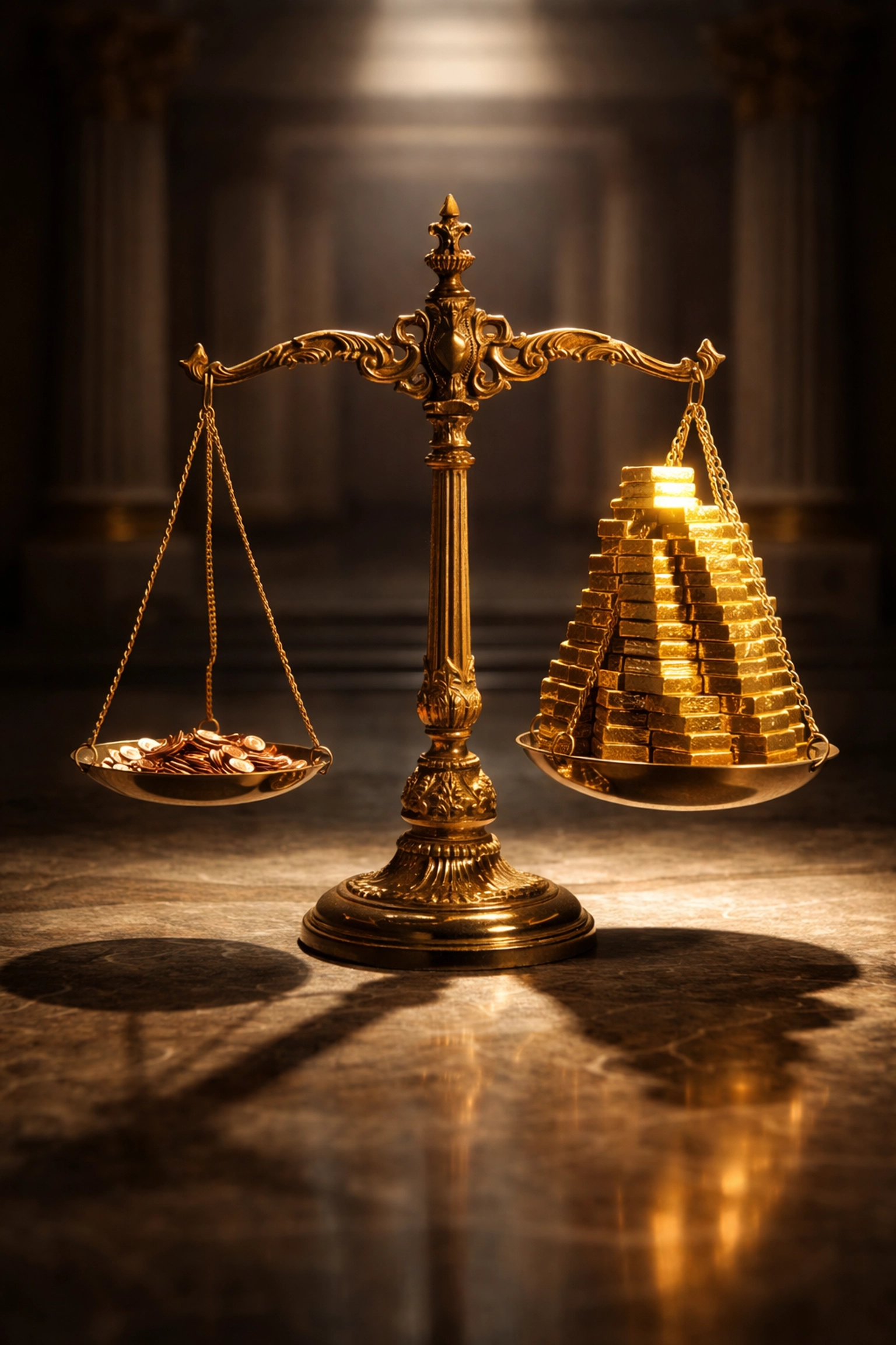 A golden justice scale balanced between pennies and gold bars, symbolizing tax code changes and wealth inequality.