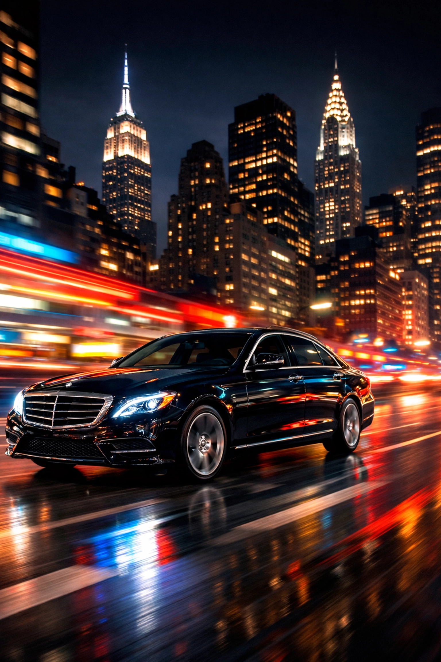 Executive transport car driving through downtown Chicago city lights at night.