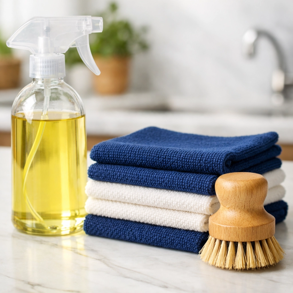 Eco-friendly recurring house cleaning supplies and tools on a clean marble counter in Westborough.