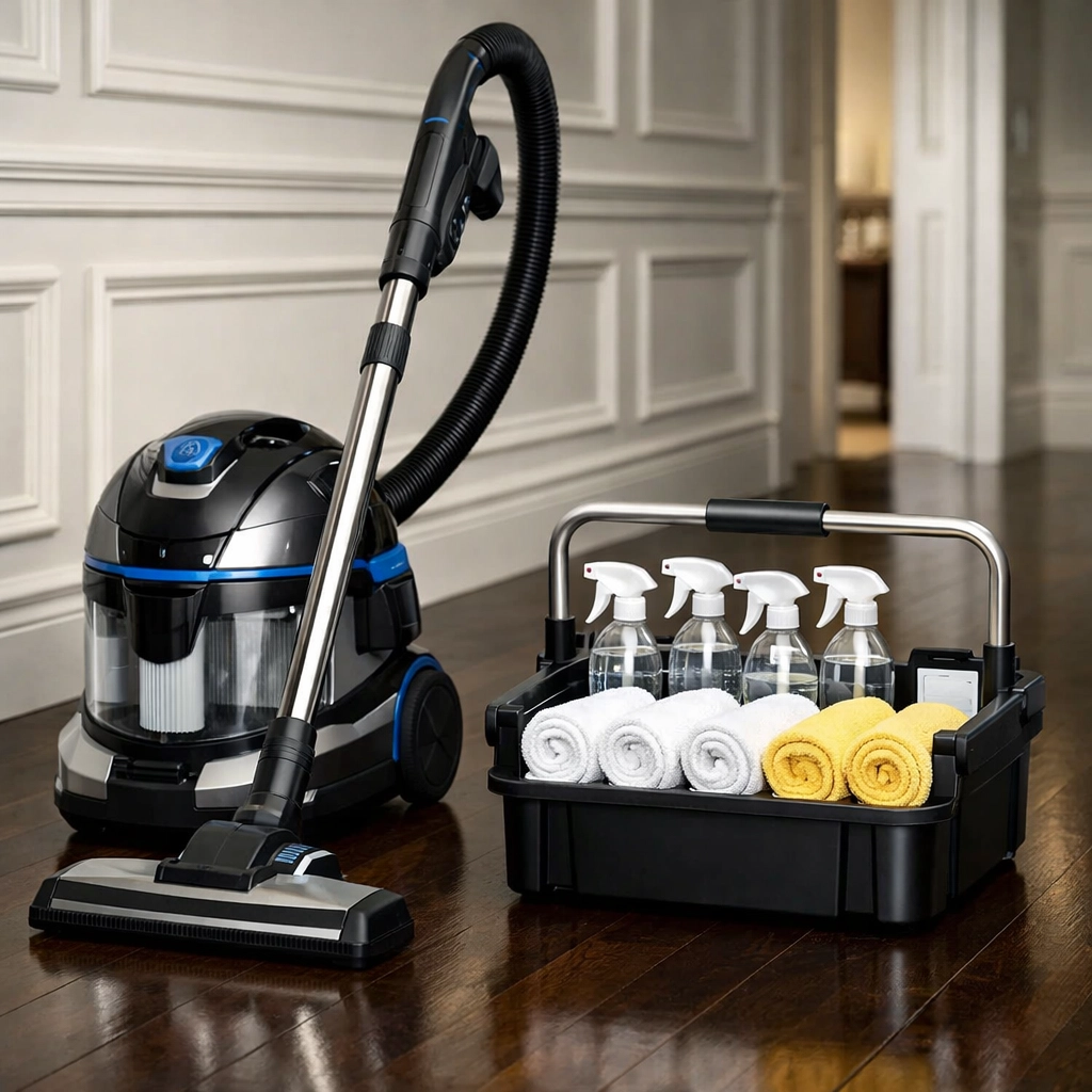 High-end cleaning equipment and a vacuum on a hardwood floor for professional house cleaning in Tewksbury.