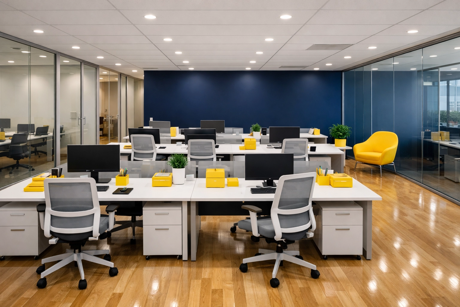 Professionally cleaned modern office in Littleton MA featuring spotless desks and floors.