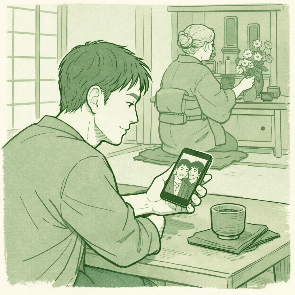 Eldest son concealing gay relationship from family while viewing photo of male partner on phone