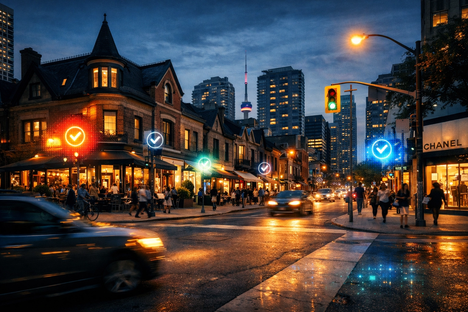 Digital data overlays on a Yorkville Toronto street showing hyper-local SEO and search trends.