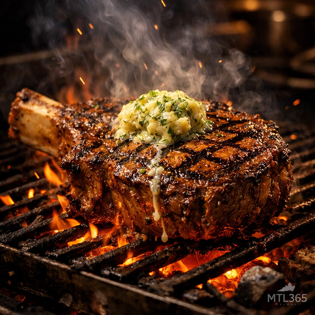 A thick côte de boeuf cooking over an open-fire grill at Gueuleton restaurant in Montreal.
