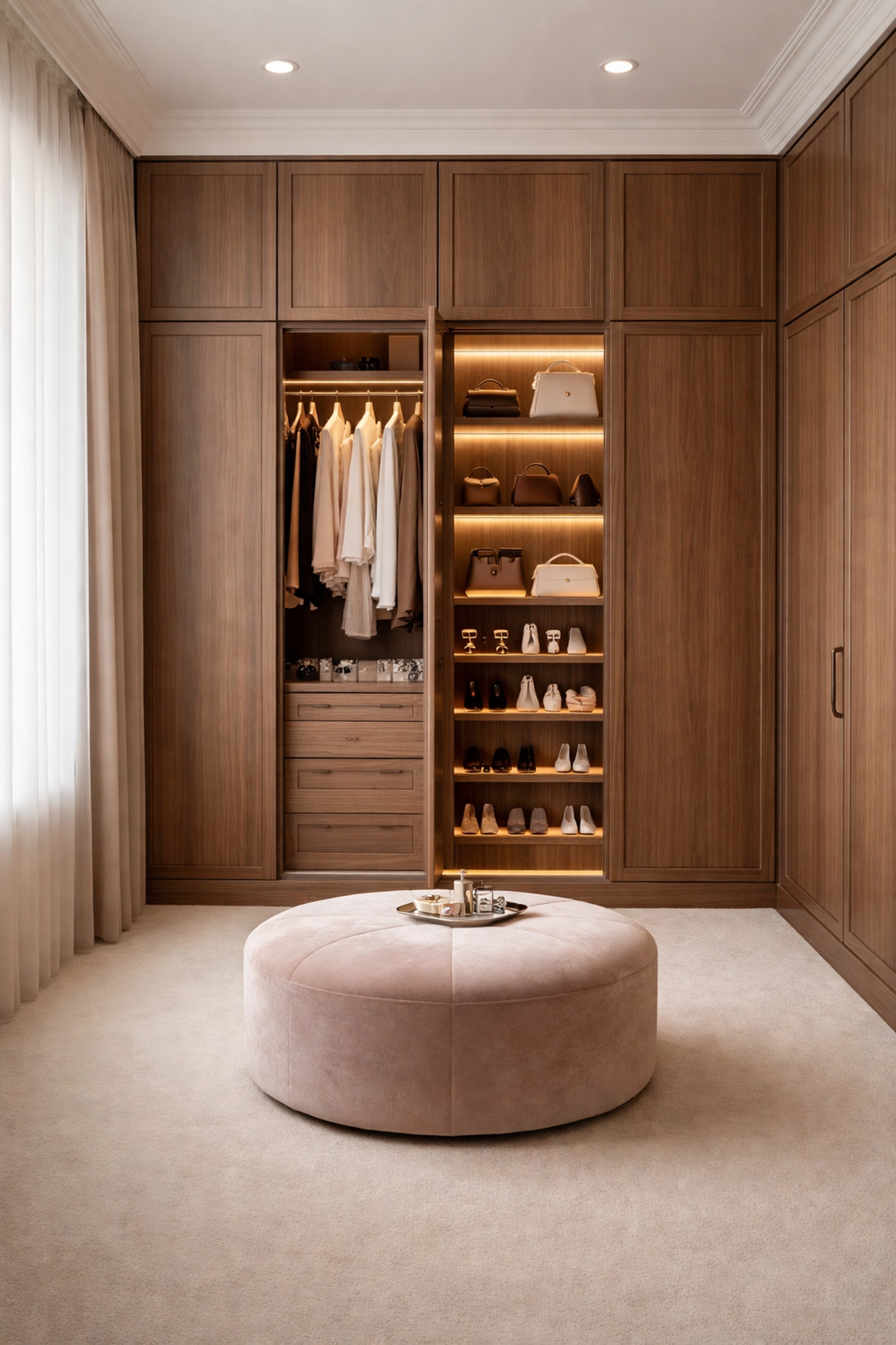 Luxurious bespoke dressing room in Nottingham with floor-to-ceiling wardrobes and organized storage solutions.