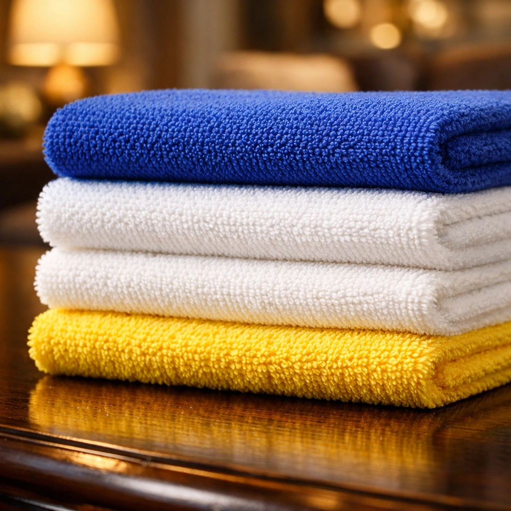 Stack of blue and yellow microfiber cloths used for eco-friendly house cleaning MA in a modern home.