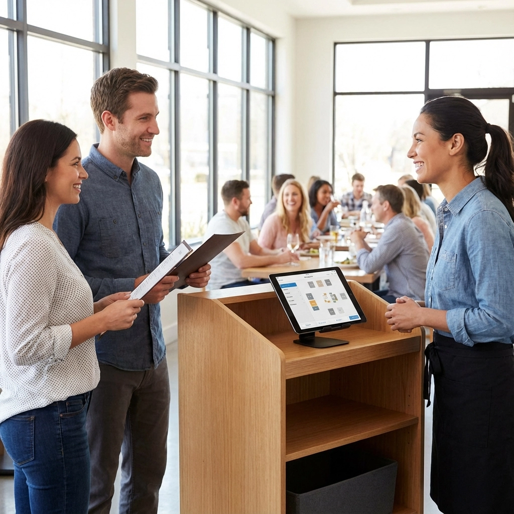 A modern hostess stand with a friendly host greeting guests in a busy restaurant, showcasing the balance between efficiency and guest experience