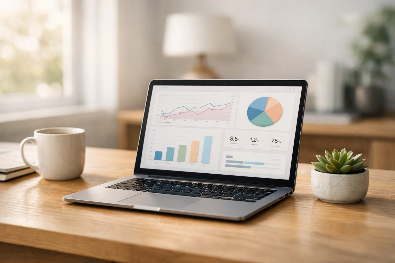 Modern workspace showing a laptop with AI-driven CRM visualizations for efficient sales pipeline management.