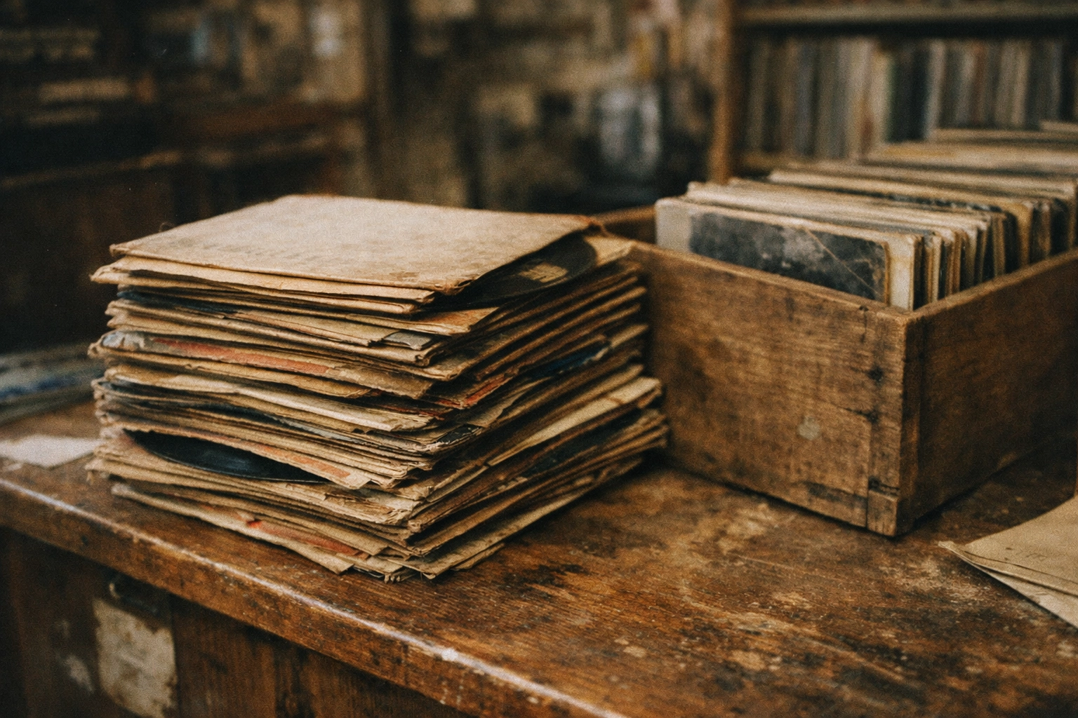 Stack of vintage vinyl records on a worn wooden counter beside a crate