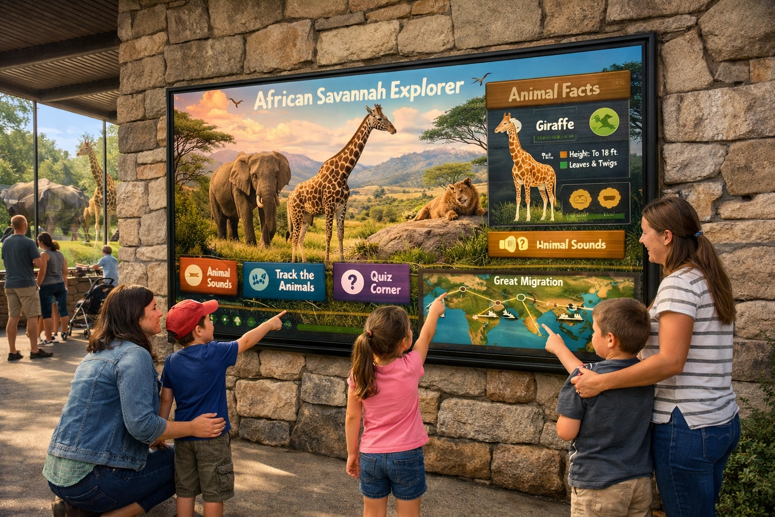 Families engaging with interactive digital display at modern zoo exhibit showcasing venue-based advertising