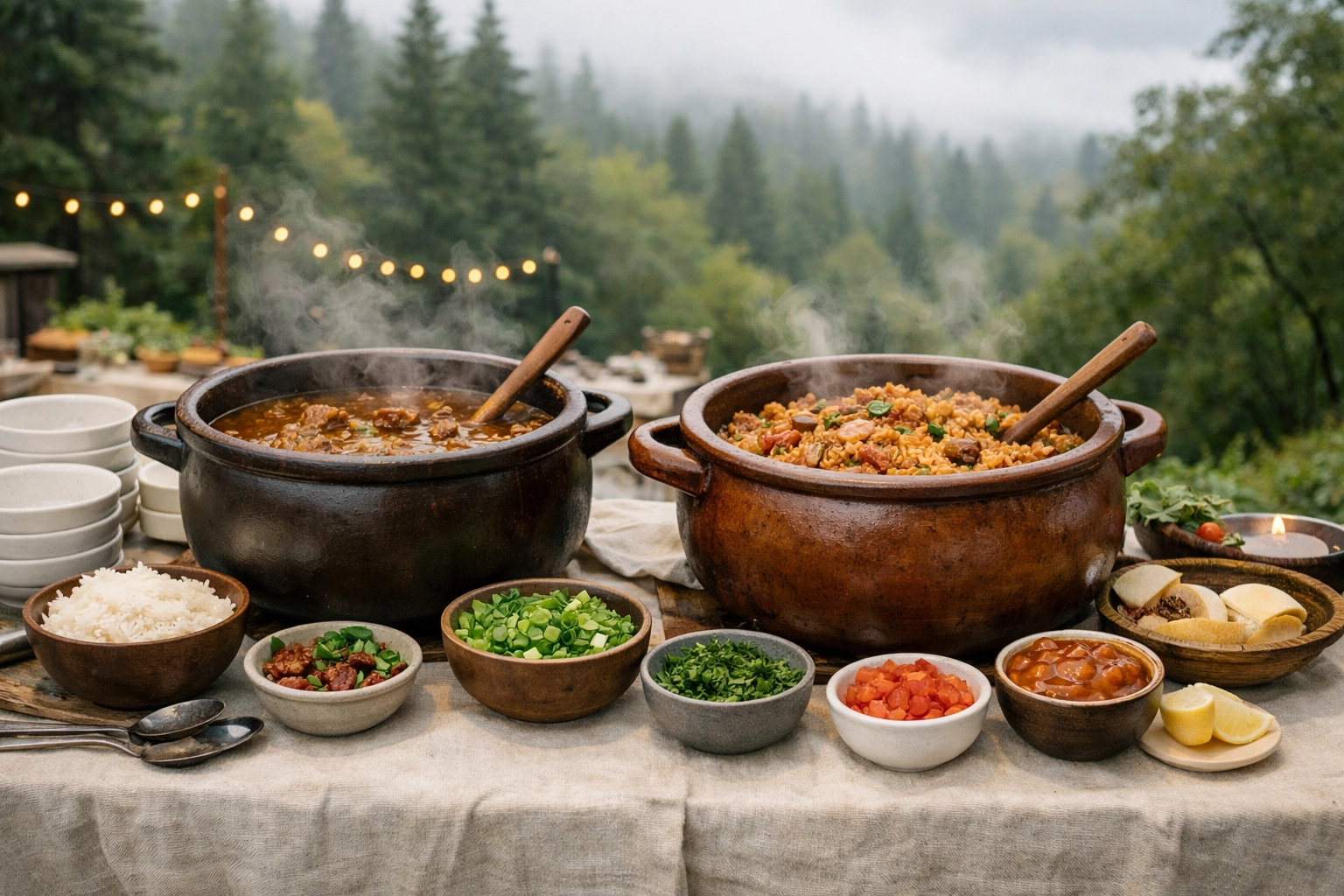 Southern event catering station in the PNW with steaming pots of gumbo and jambalaya.