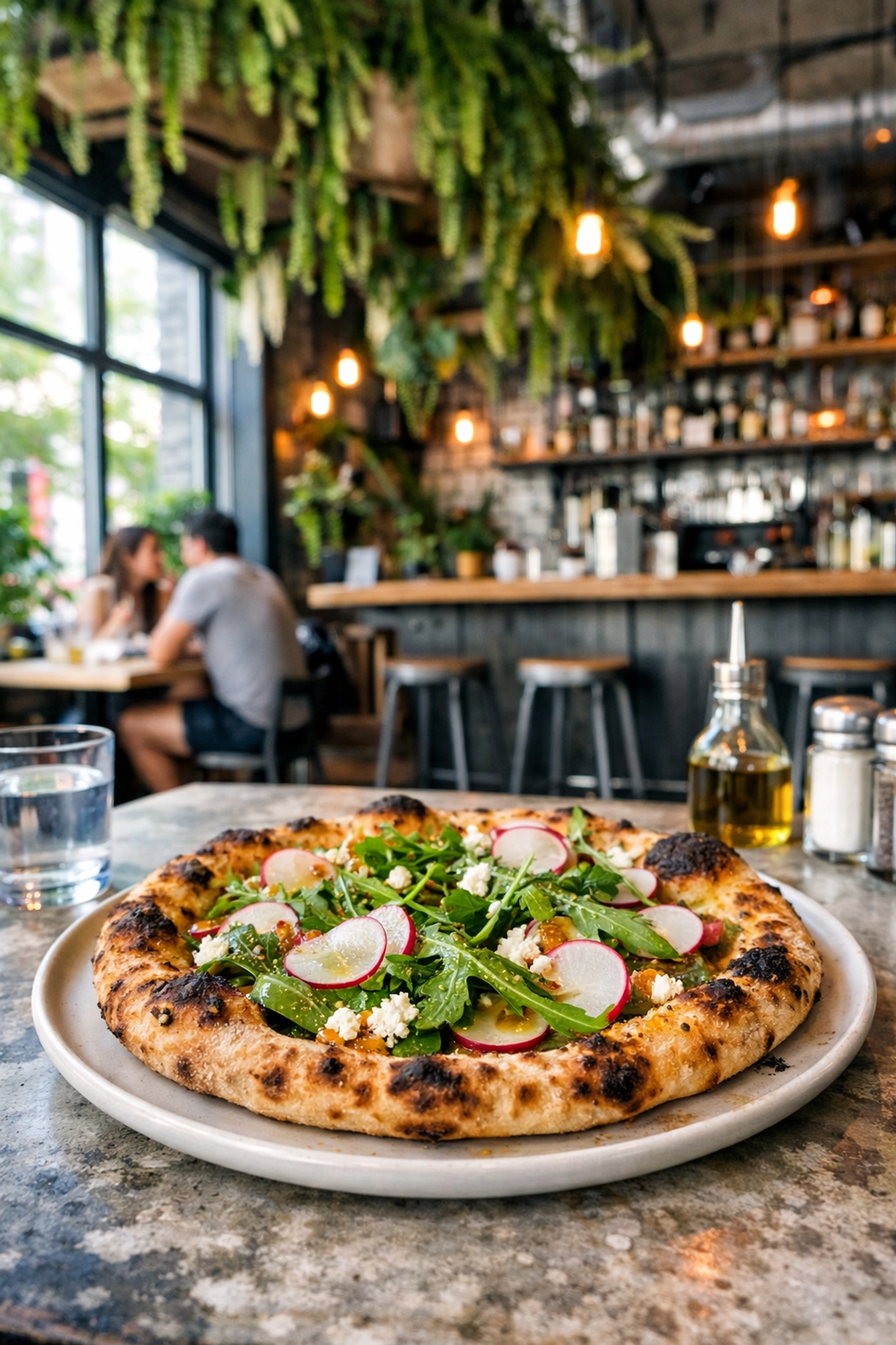 Artisanal pizza with creative toppings served in a trendy, modern Montreal restaurant.
