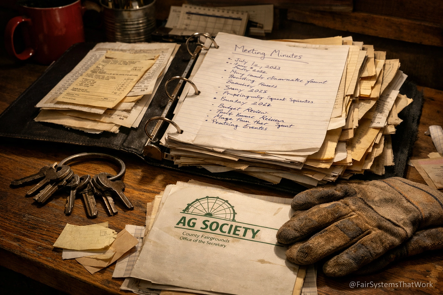 Open binder showing handwritten fair board meeting minutes and essential paperwork.