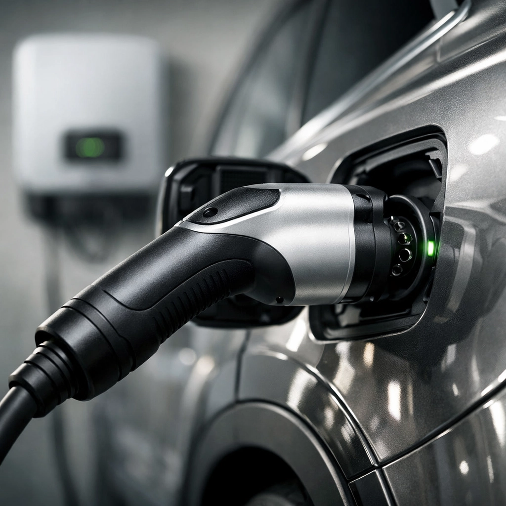 Close-up of an EV charging cable connecting to a car for smart solar-integrated charging.