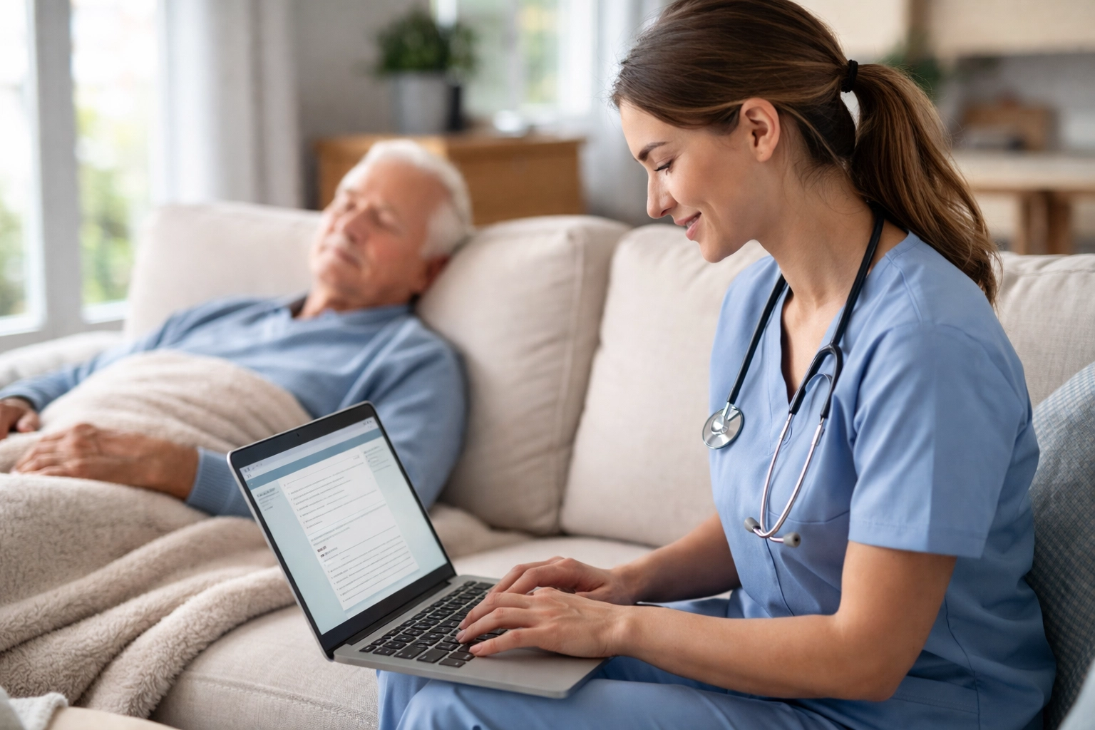 Home health nurse using documentation software while coordinating care with elderly patient