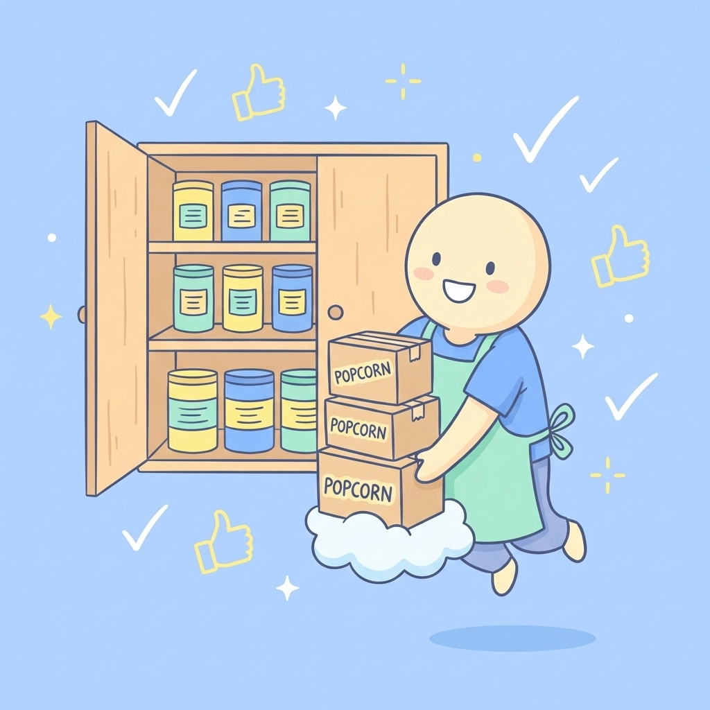 Smiling volunteer carries lightweight popcorn boxes to a simple storage area, highlighting easy popcorn fundraising.