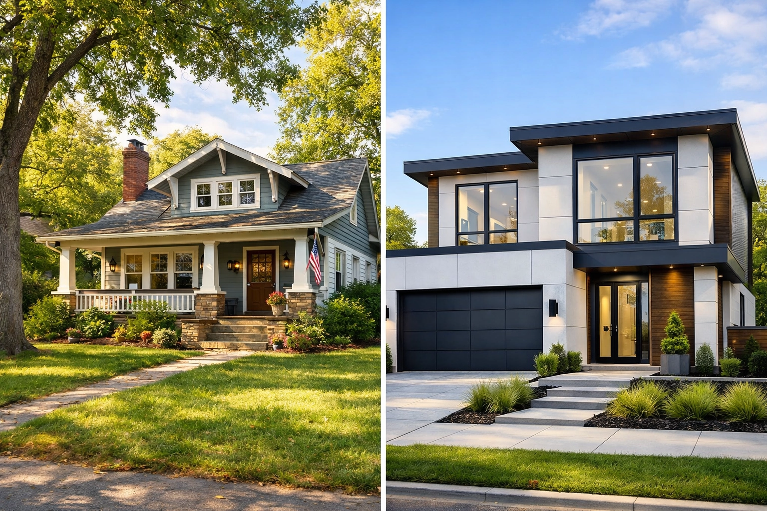 Comparison of resale home with mature trees and new construction home in Boise area