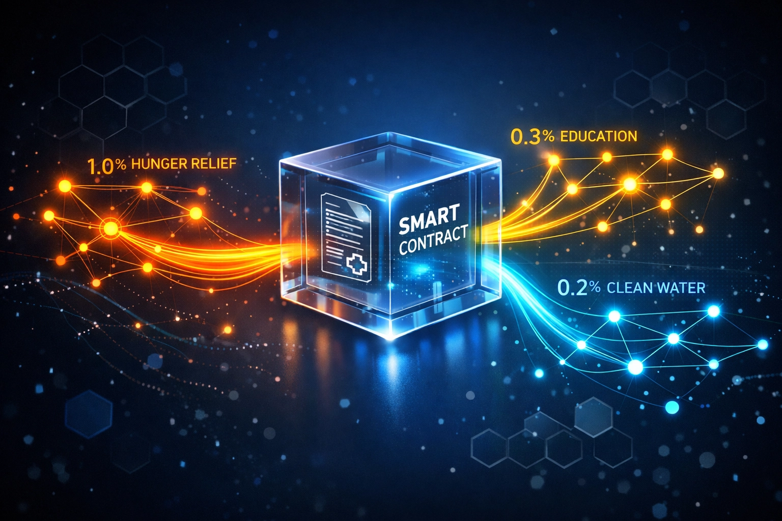 Larecoin smart contract distributing 1.5% tax to hunger relief, education, and clean water charities