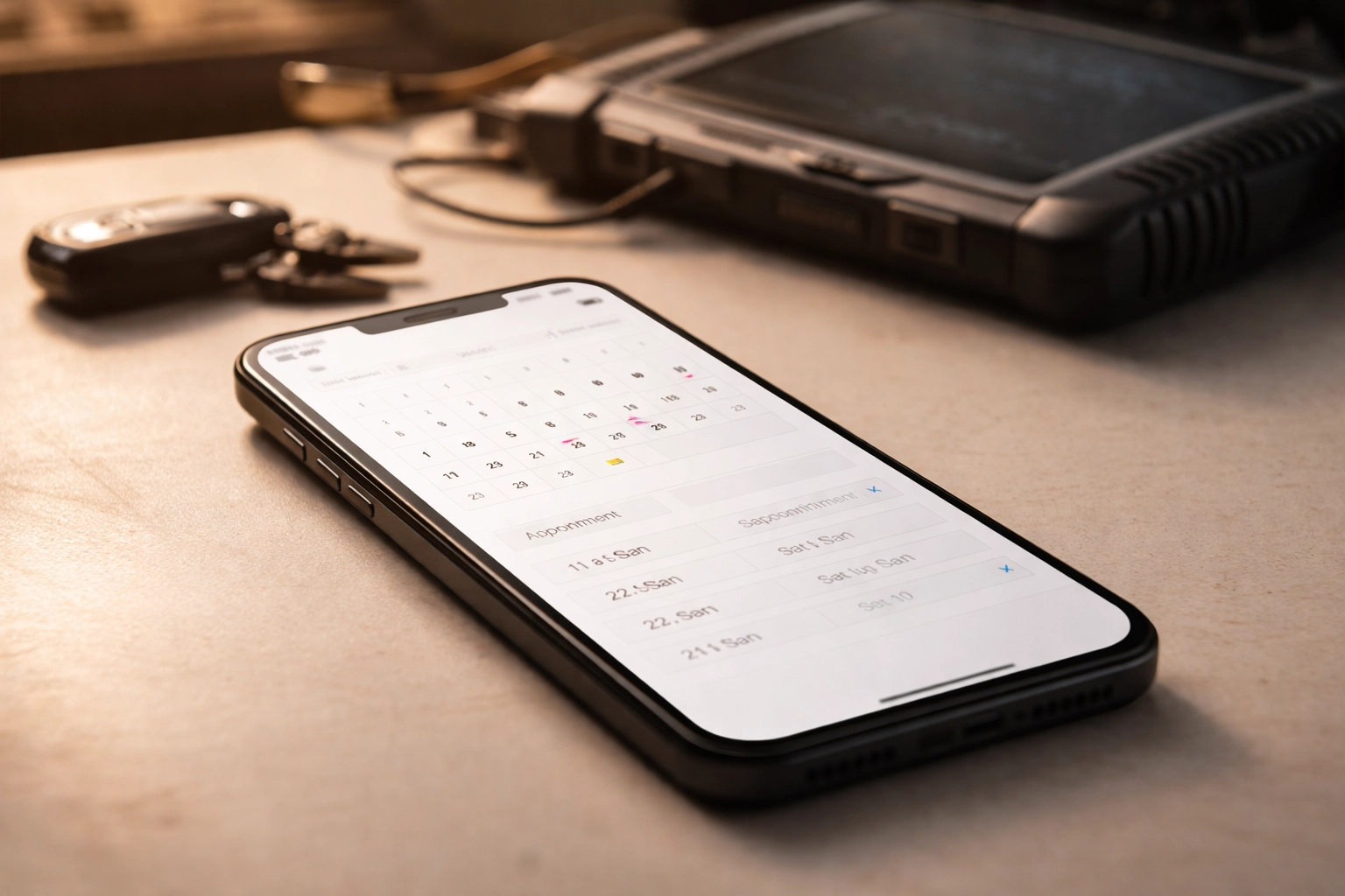 Telefon z kalendarzem rezerwacji na biurku, prezentujący nowoczesny system dla mechanika