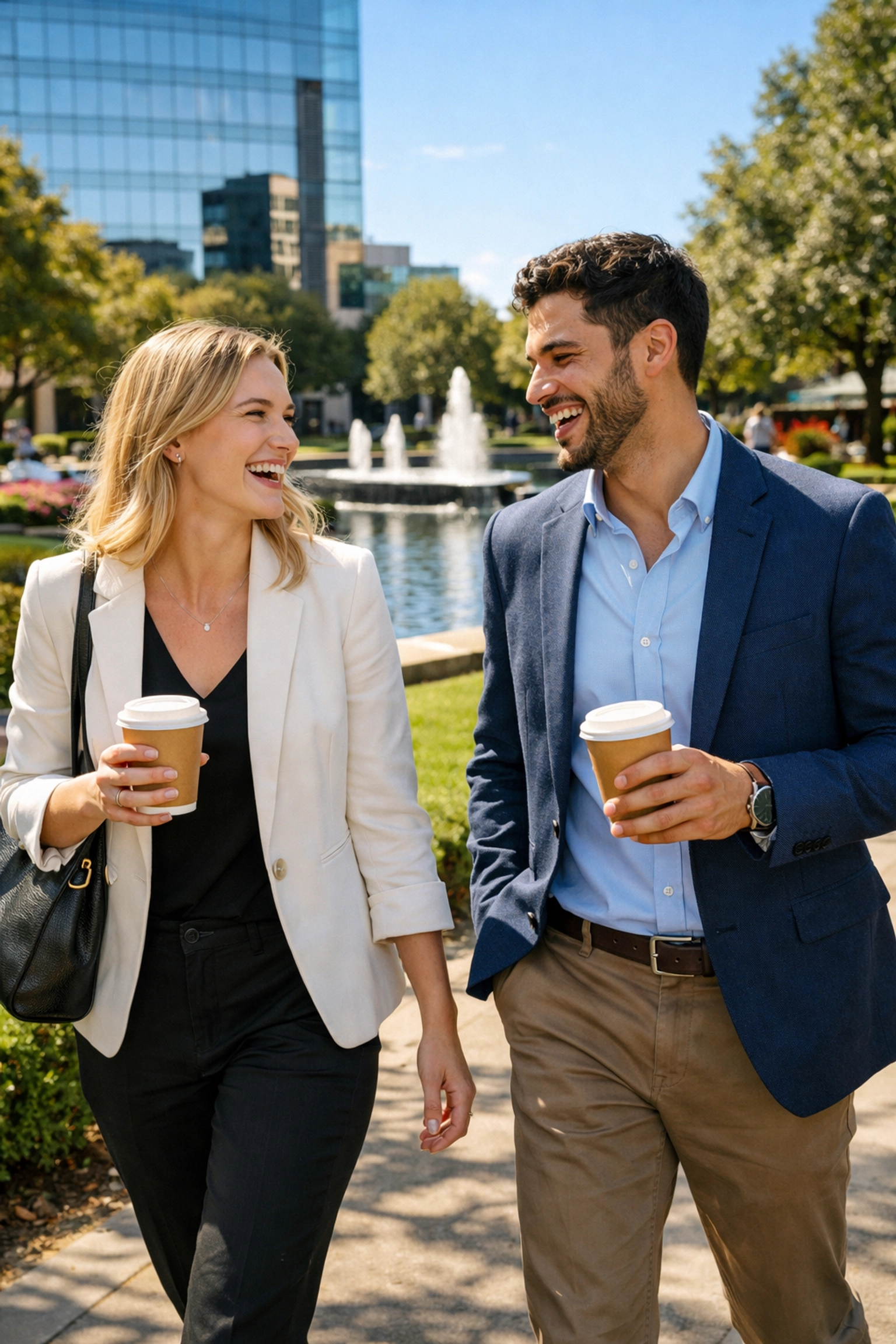 Two professionals enjoying a walk in a lush SouthPark park, highlighting the community lifestyle in Charlotte.