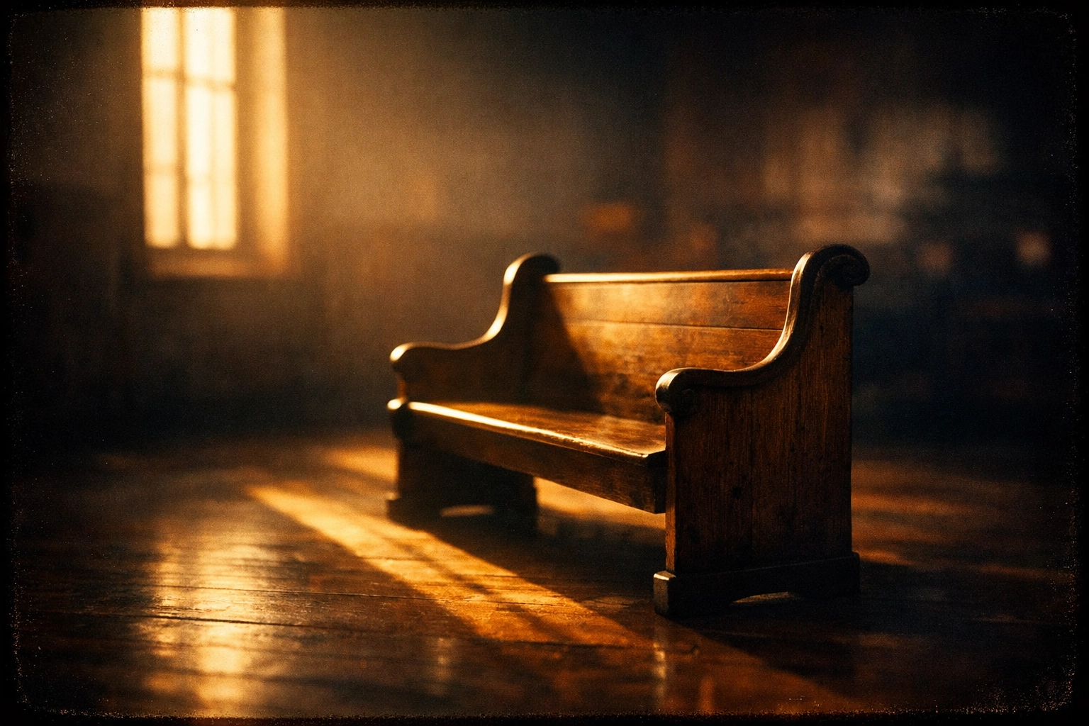 Empty church pew bathed in golden light symbolizing rest and healing from spiritual burnout