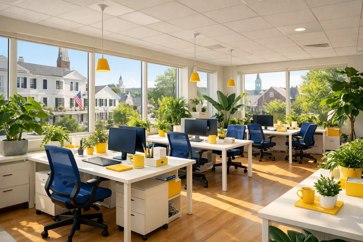 Clean and healthy open-plan office in Harvard featuring fresh air and eco-friendly janitorial care.