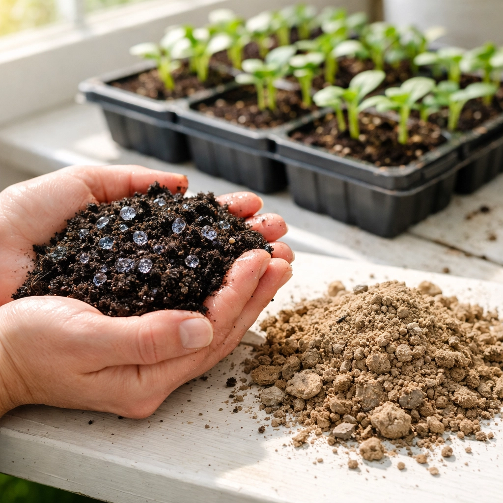 Gardener holding mineral-rich soil with water droplets near organic seedling trays
