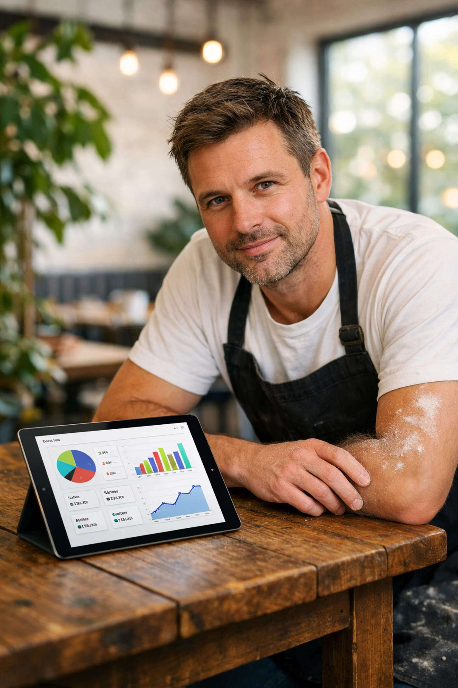 A bakery owner reviewing sales data and business analytics on a tablet to manage shop growth and budget.