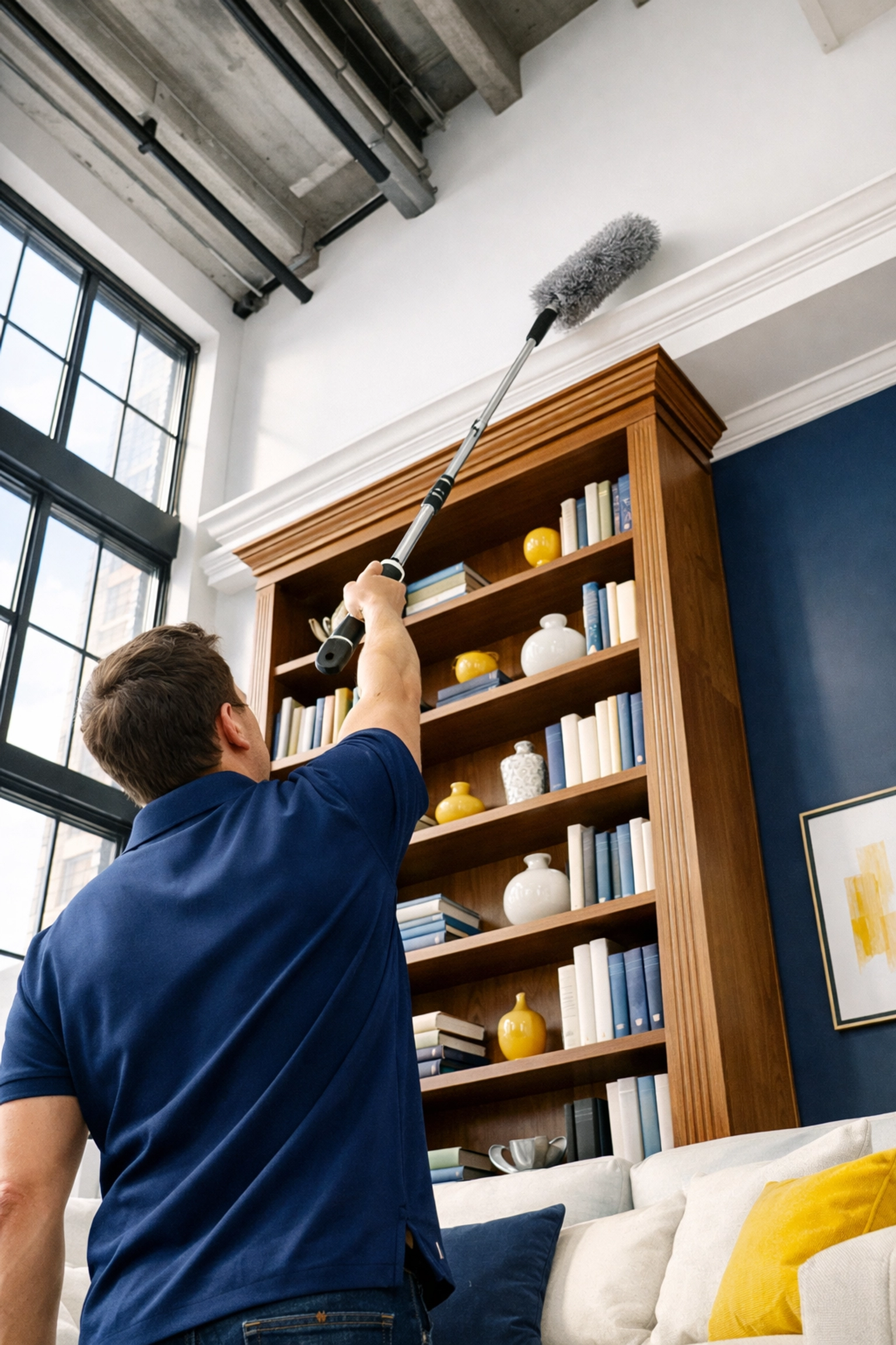 Professional residential cleaning MA showing a cleaner dusting high Springfield apartment ceilings.