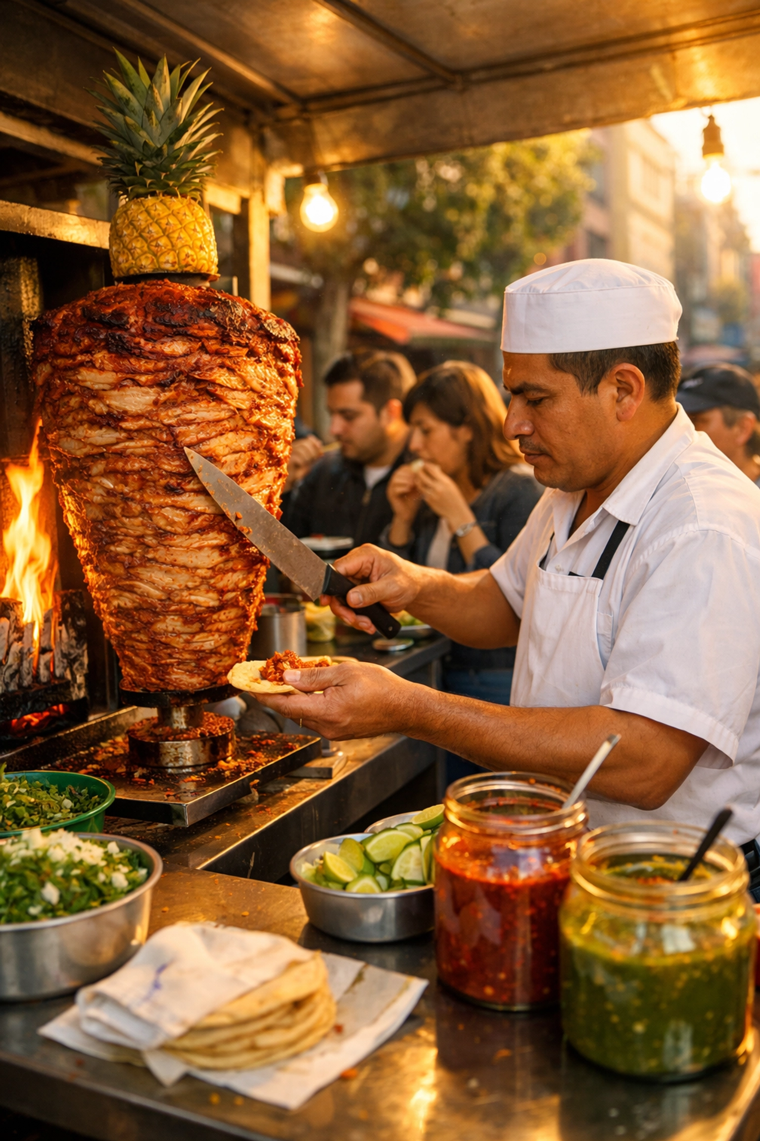 A taquero carving al pastor meat at a busy street stand, one of the best cheap eats in Mexico City.