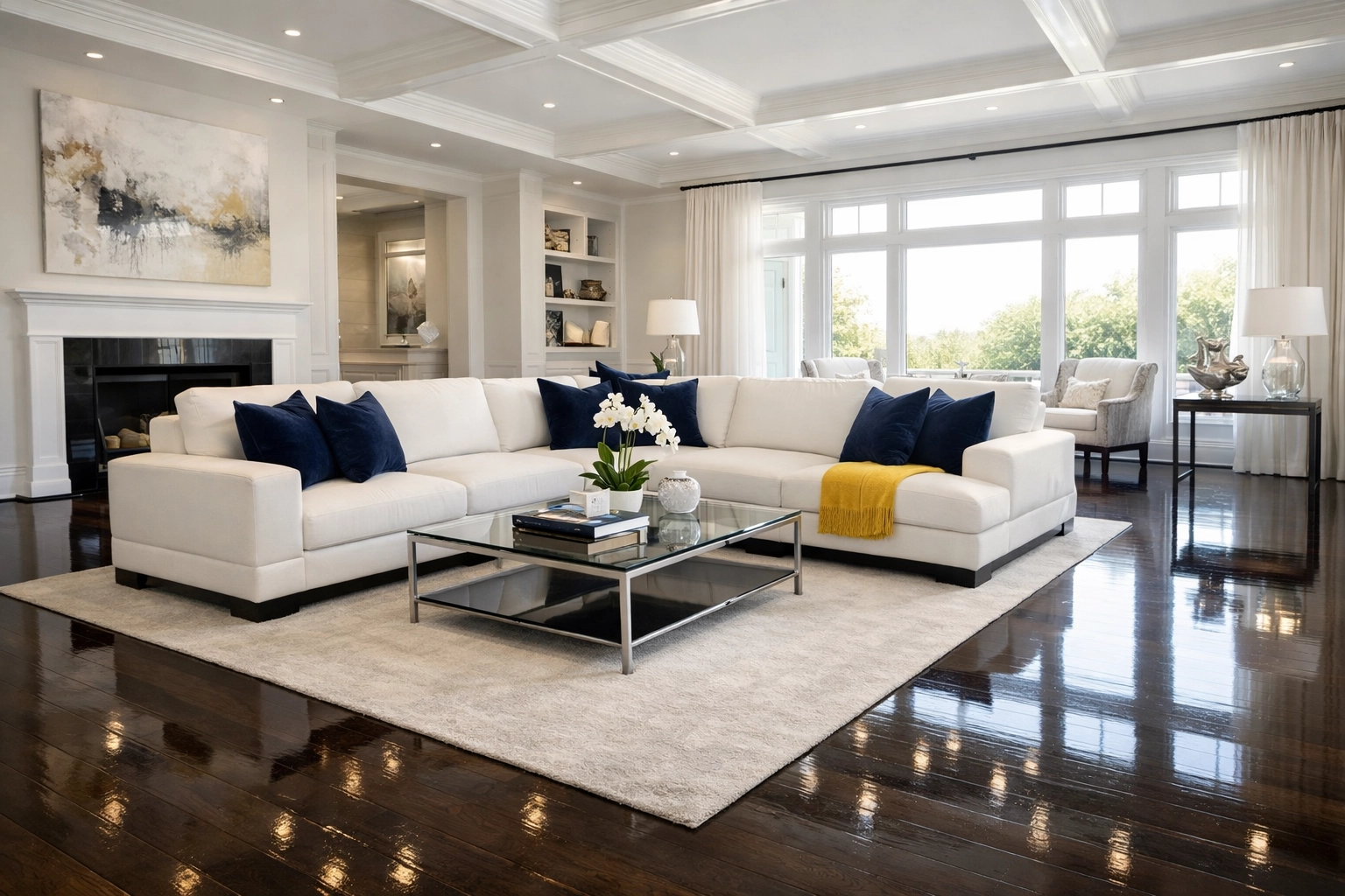 Pristine living room with polished floors from recurring house cleaning in Worcester MA.