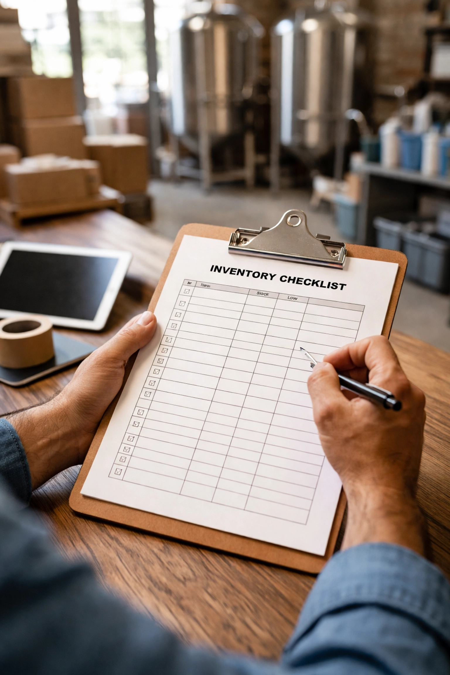 Small business owner updates inventory checklist in Kentucky workspace to ensure accurate business insurance coverage.