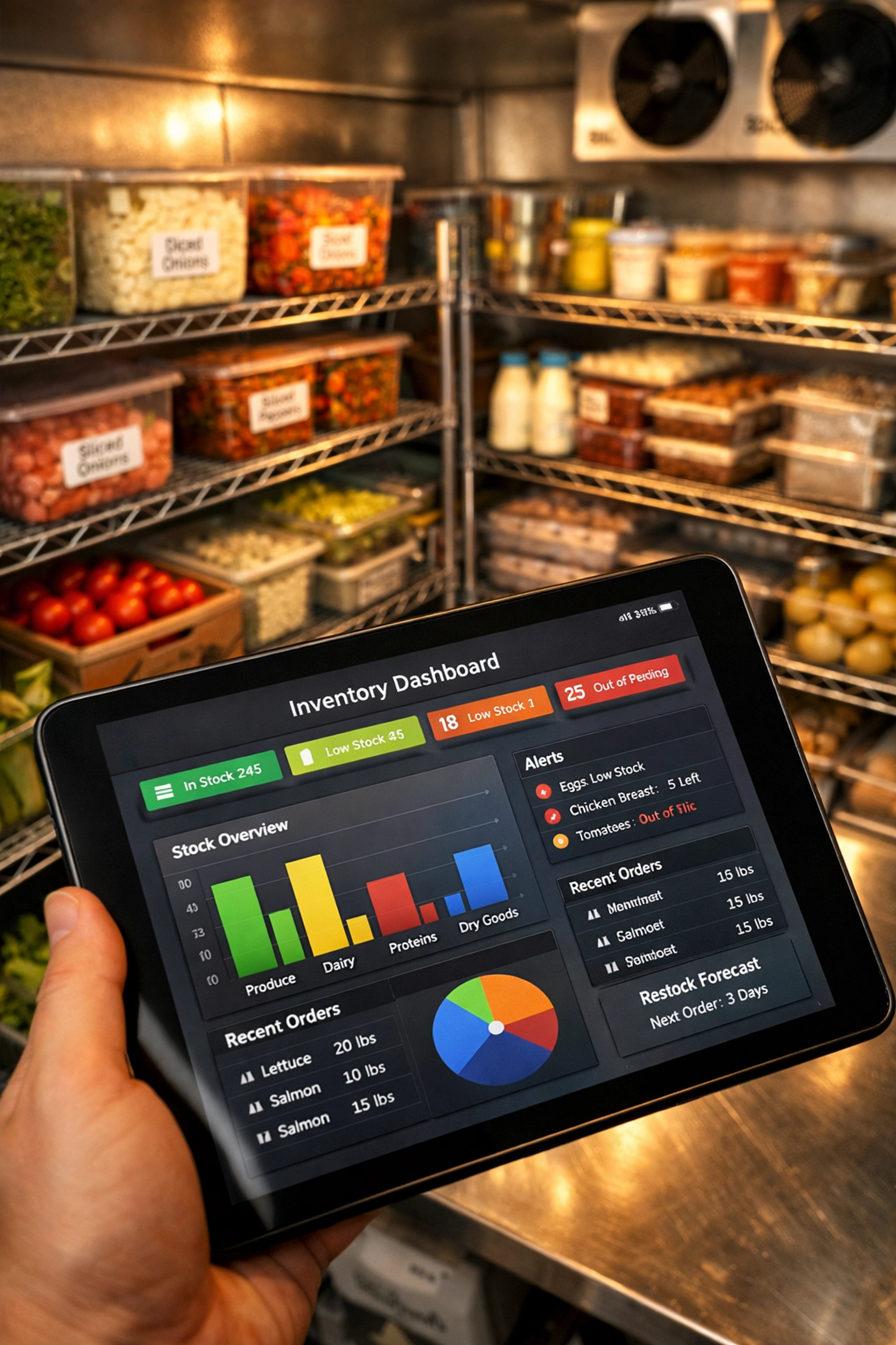 Modern restaurant walk-in cooler with digital inventory tracking system on tablet showing real-time stock levels