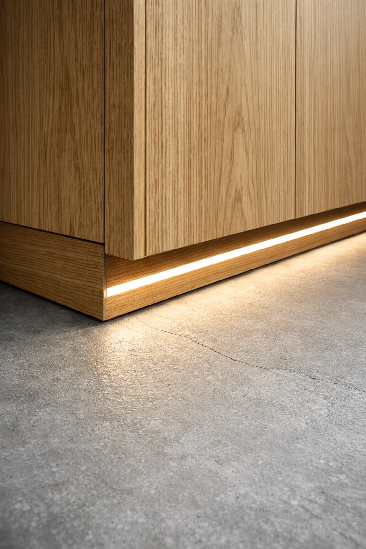 Detailed view of toe-kick linear LED lighting installed in custom white oak cabinetry.