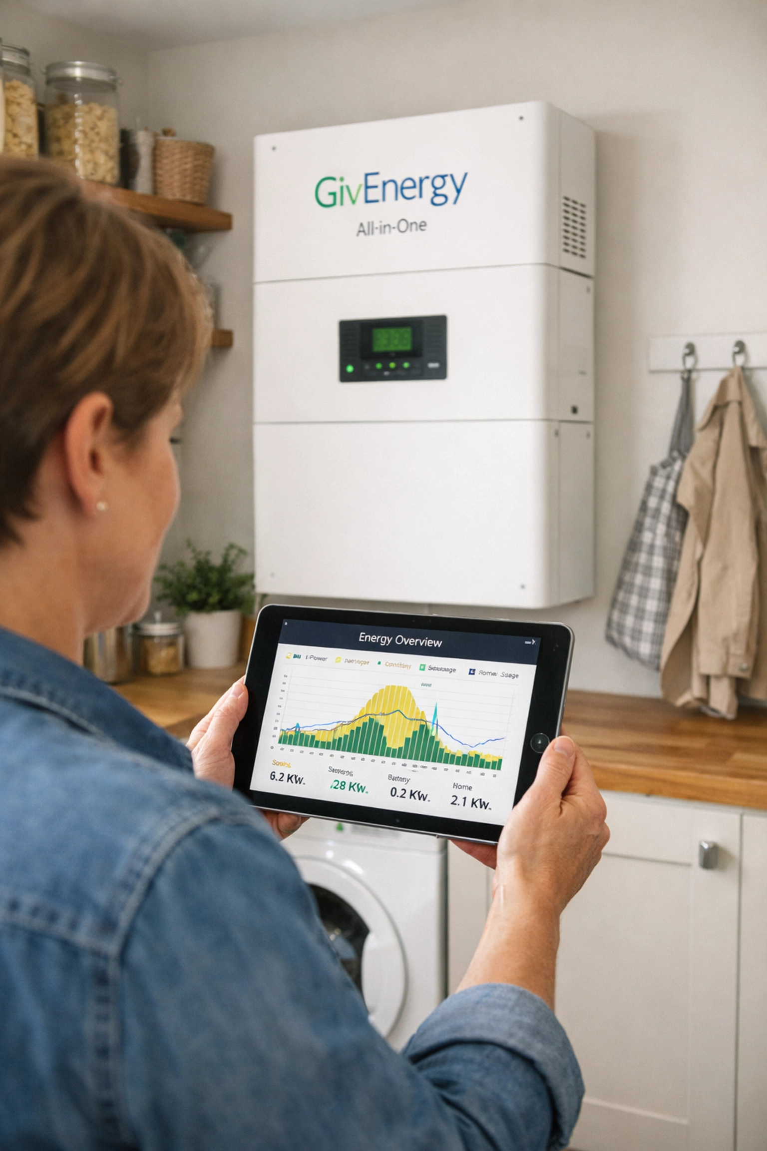 Homeowner using an energy monitoring app next to a GivEnergy All-in-One battery storage system.