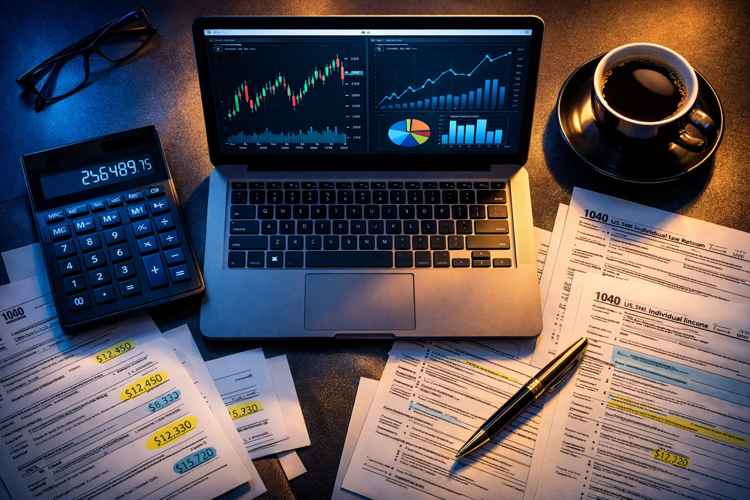Tax strategist desk with financial charts and planning documents for business owners