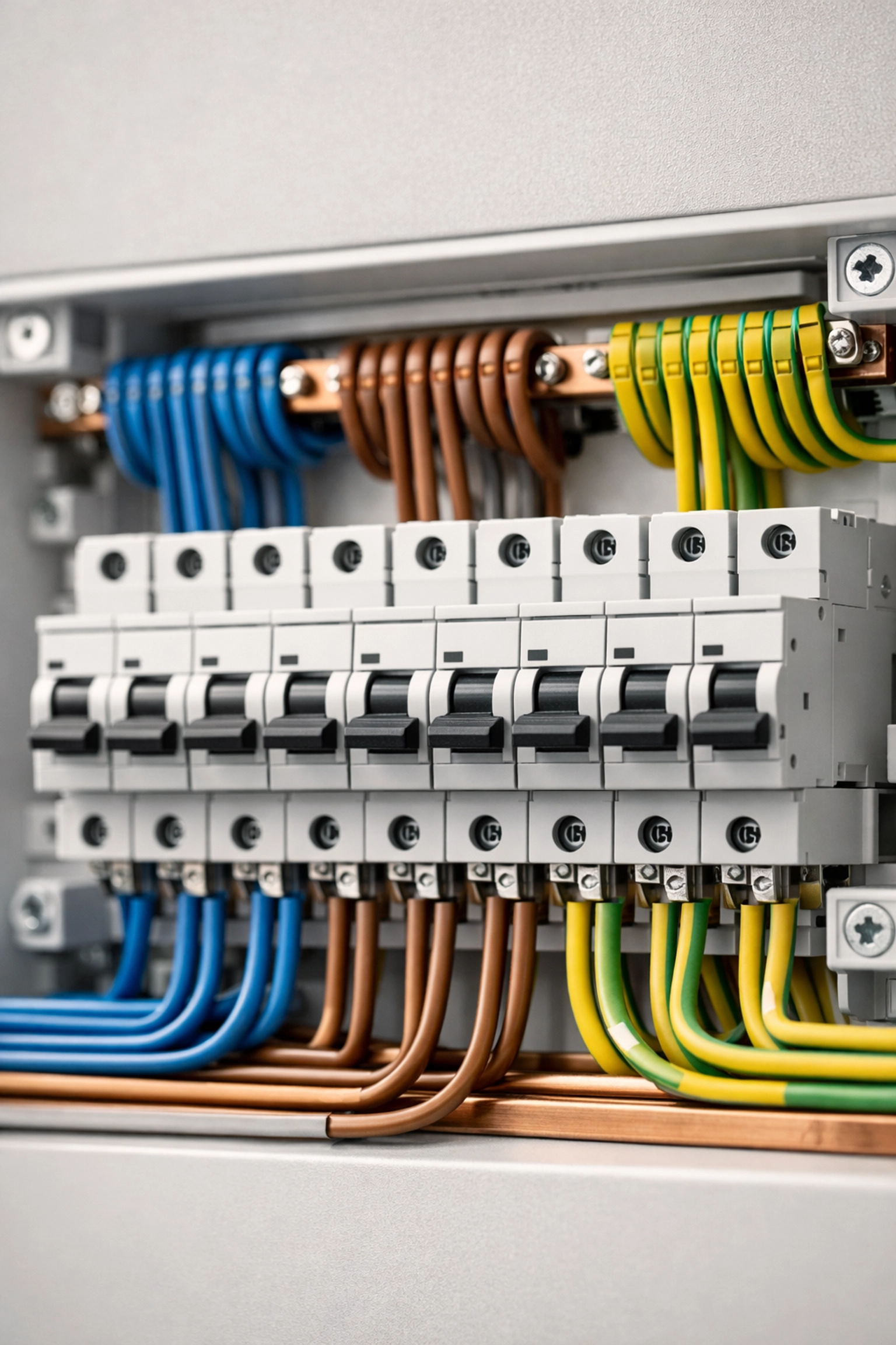 Meticulously organized professional electrical panel with clean wiring and modern circuit breakers.