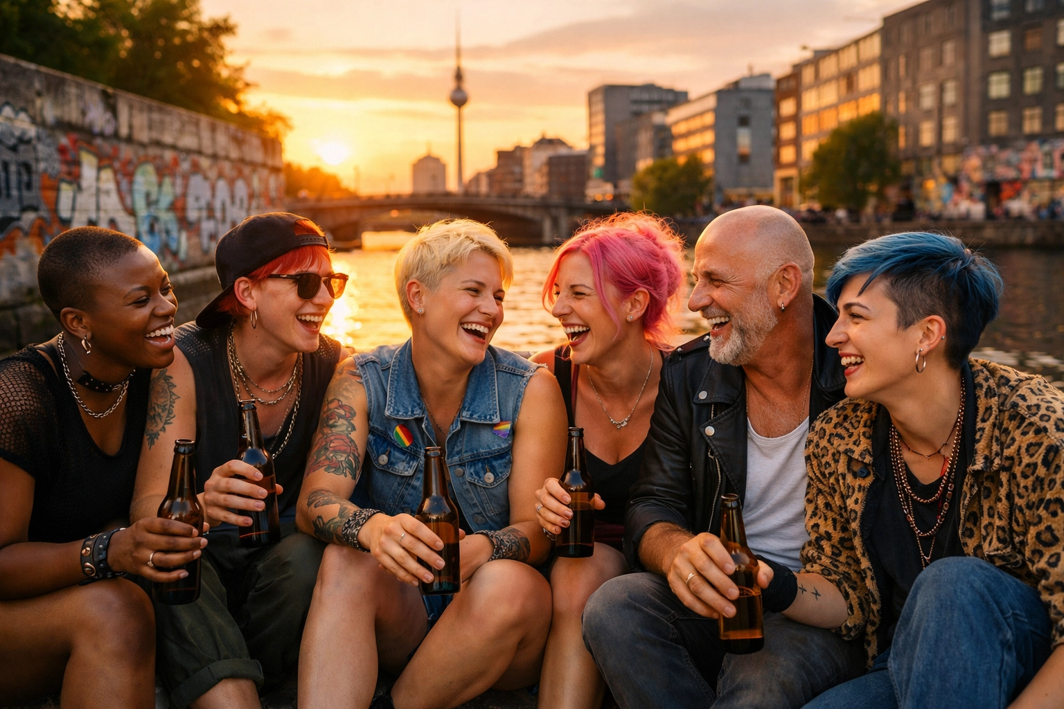Queer friends relaxing by Berlin canal with urban graffiti backdrop