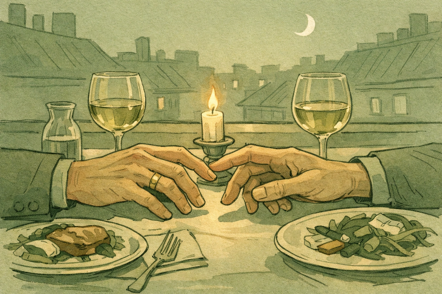 Close-up of gay couple's hands with wedding rings at romantic candlelit dinner in Paris
