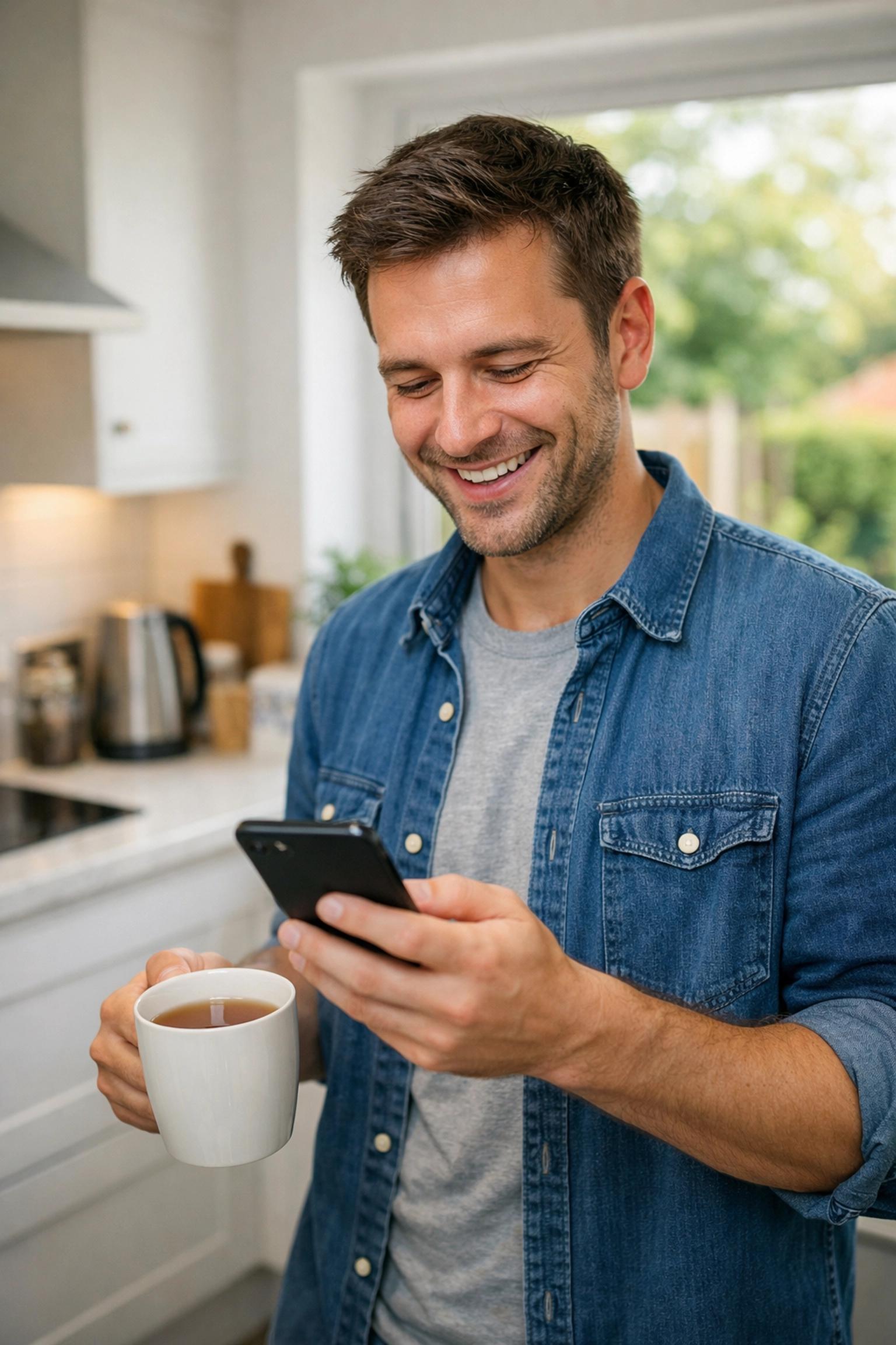 A homeowner in Oldham smiling at his phone after receiving a proactive mortgage application update.