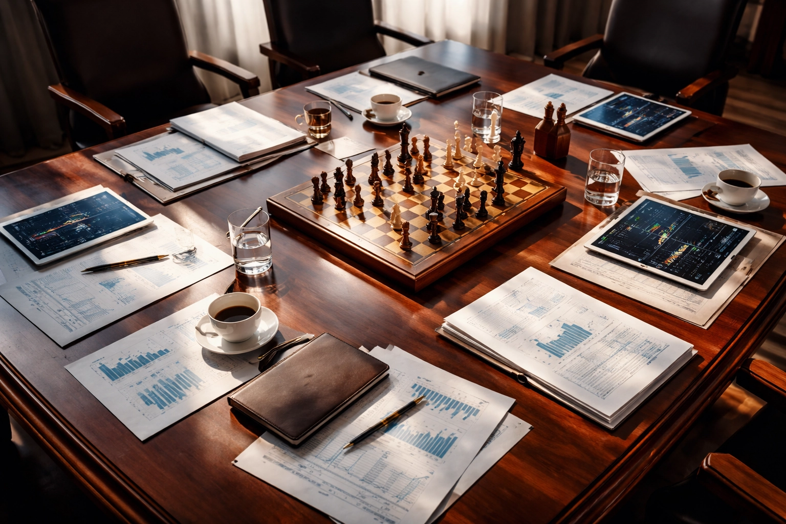 Boardroom table with financial documents and chessboard highlighting strategic planning in private equity investing.