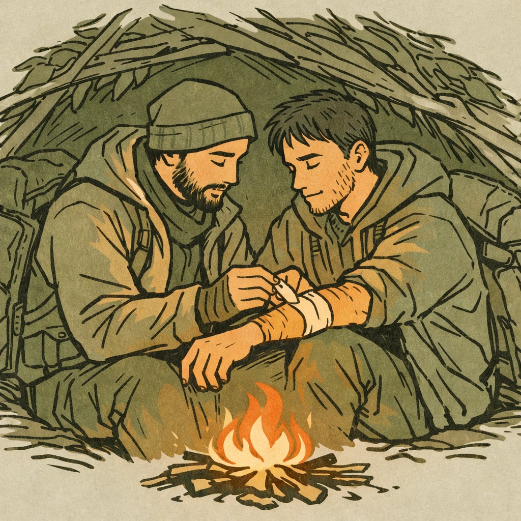 MM romance survival moment: man tenderly cares for partner's wound in makeshift forest shelter